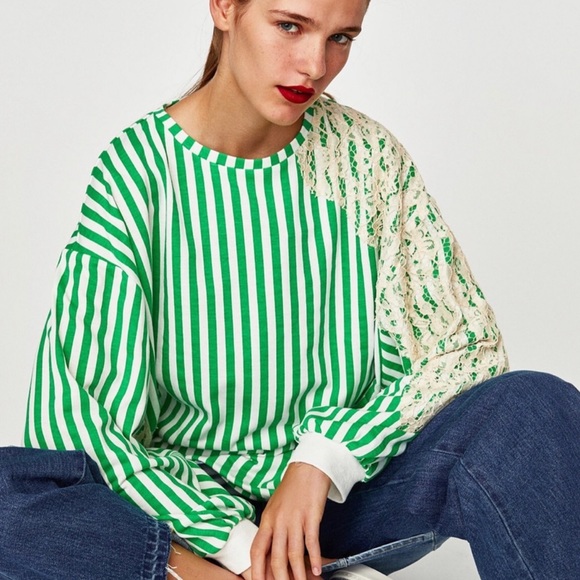 ZARA Trafaluc Oversized Striped Sweatshirt Lace - Picture 5 of 13